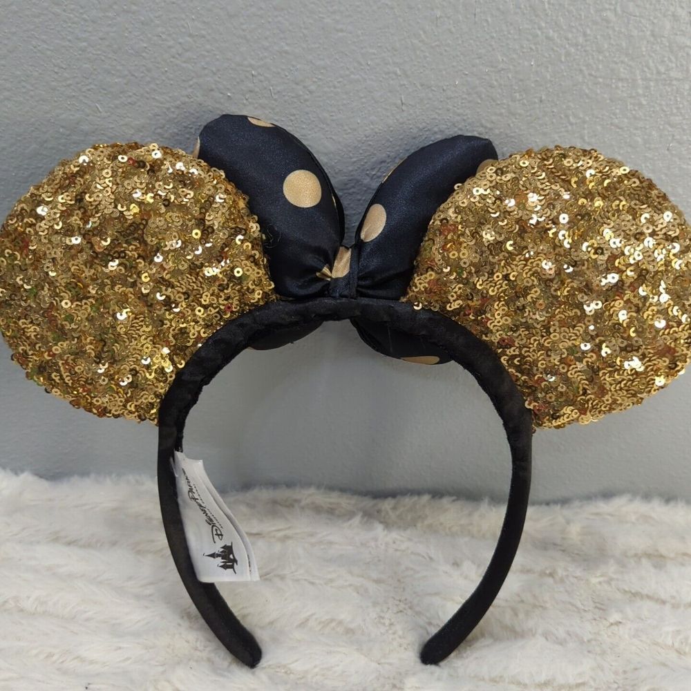 Disney Parks Minnie‎ Mouse Gold Sequin Ear Headband Black & Gold Polka Dot Bow - Picture 4 of 5